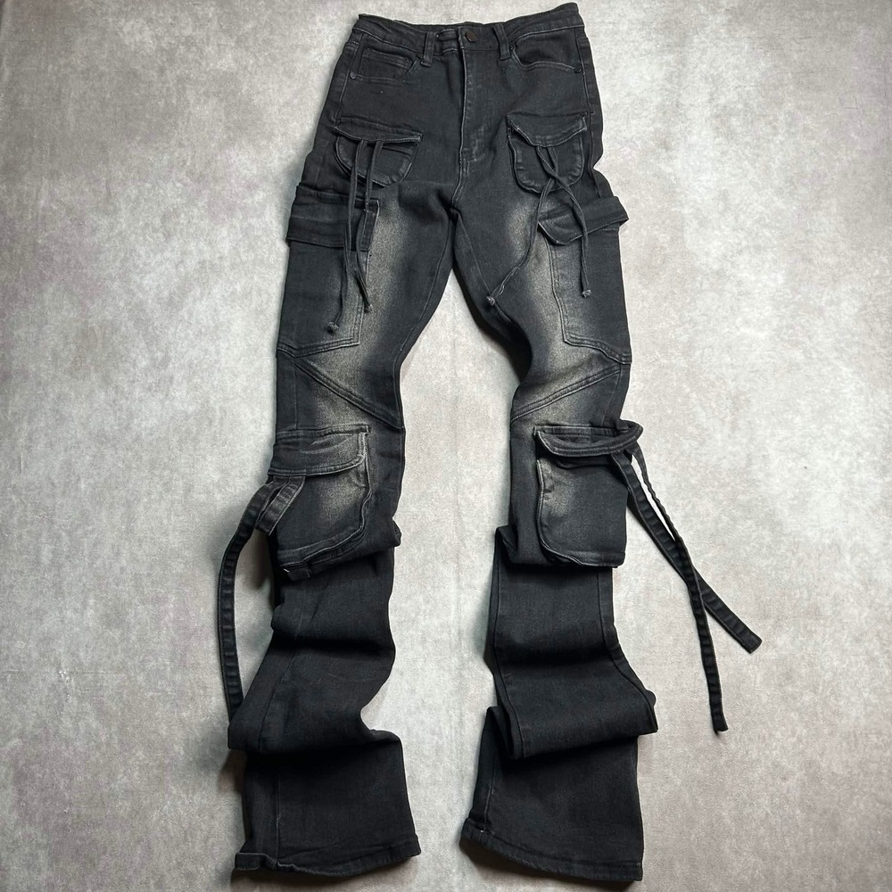 Rockstar Original Mens Faded Black Stacked Cargo Denim Jeans Straps Size S